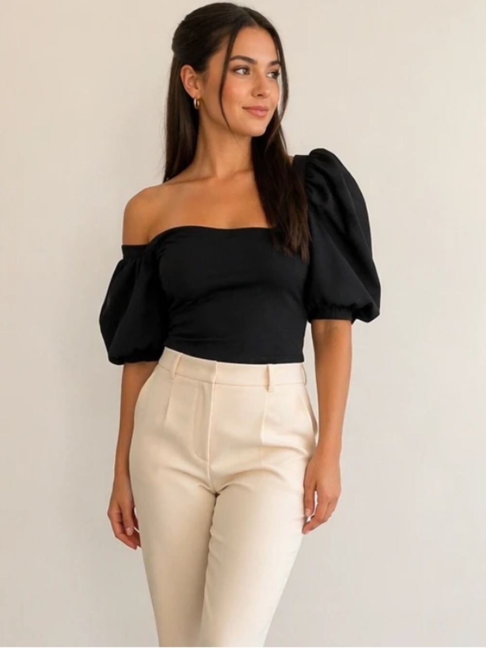 SHEIN Black Puff Sleeve Asymmetrical Blouse